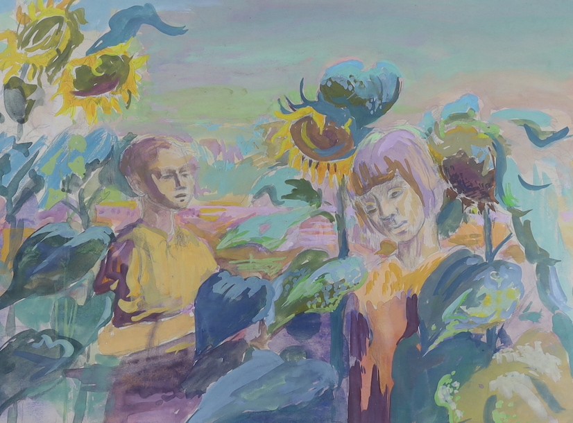 Studio of Phyllis Bray (1911-1991), watercolour and bodycolour, Children with sunflowers, 28 x 38cm